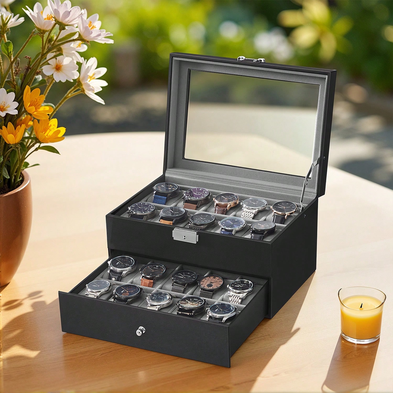 Jewelry Organizer Watches - 20-Slot Watch Box with Glass Lid