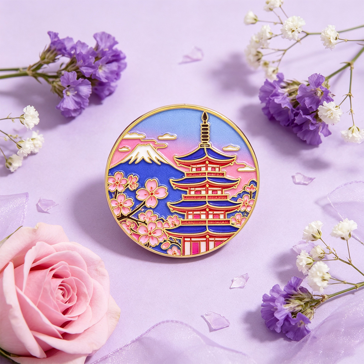 Japanese Cherry Blossom Enamel - Vintage Brooch Pin recension och pris