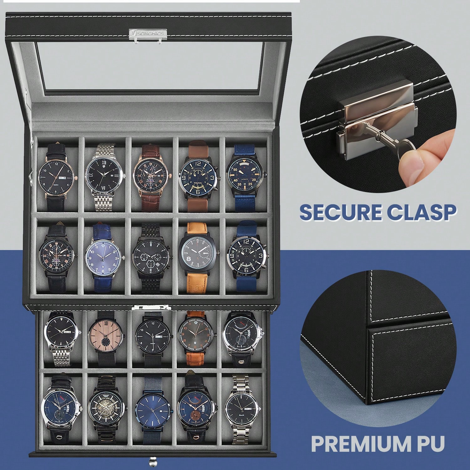 20-Slot Watch Box with Glass L - Jewelry Organizer Watches recension och pris